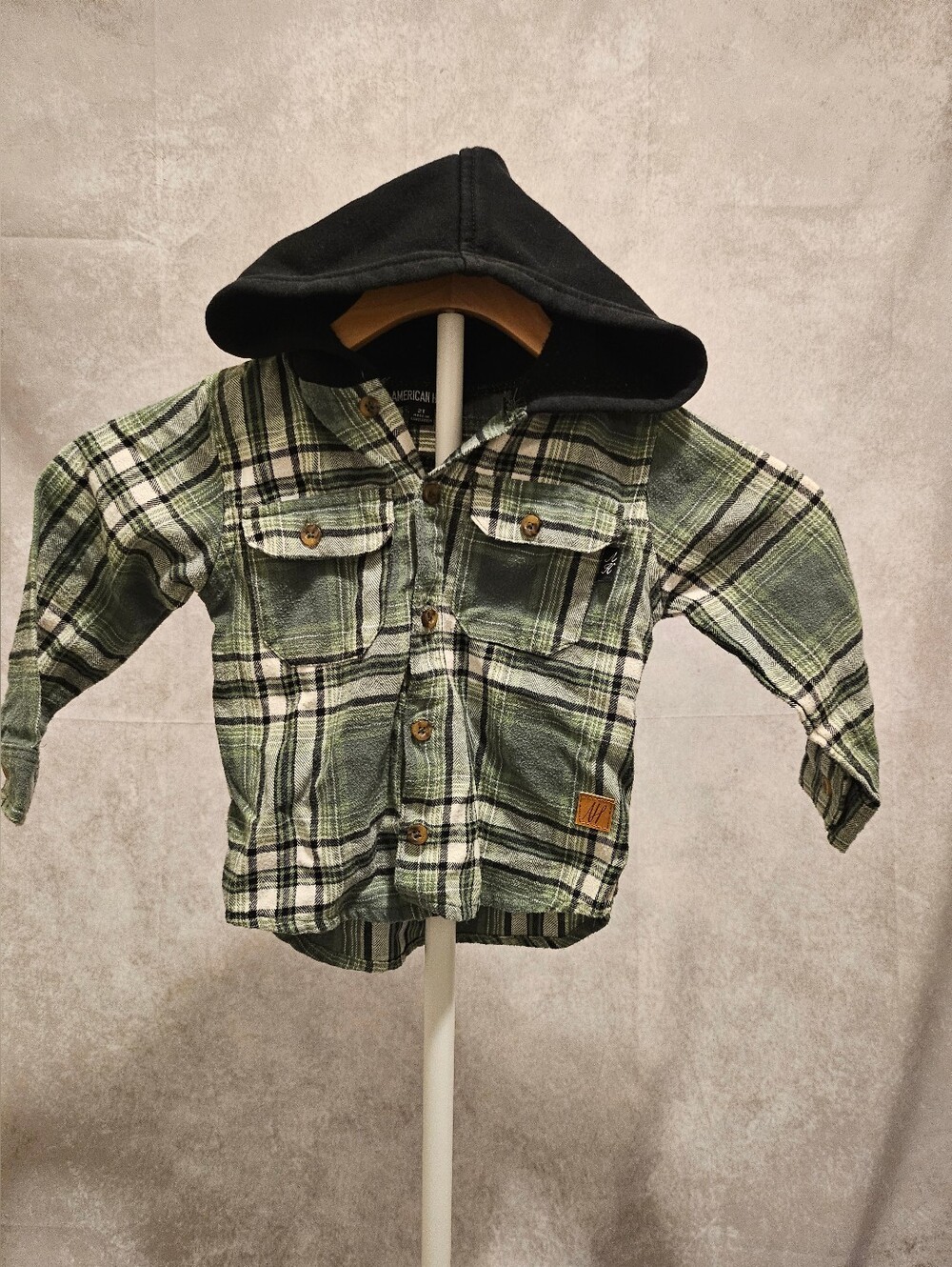 Toddler Boy 2T American Hawk Green Plaid Hooded Button-Down Shirt